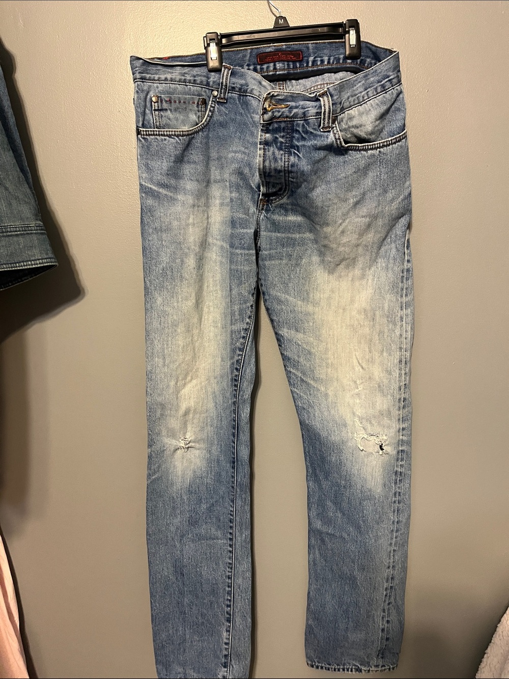 Isaia Napoli selvedge Men's Light Wash Blue Distressed Jeans- made in Italy
